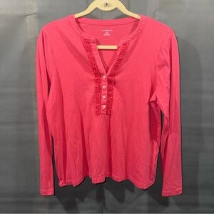 Lands End Lightweight Cotton Blouse Top Pink Sz Large Petite V Neck Long Sleeve